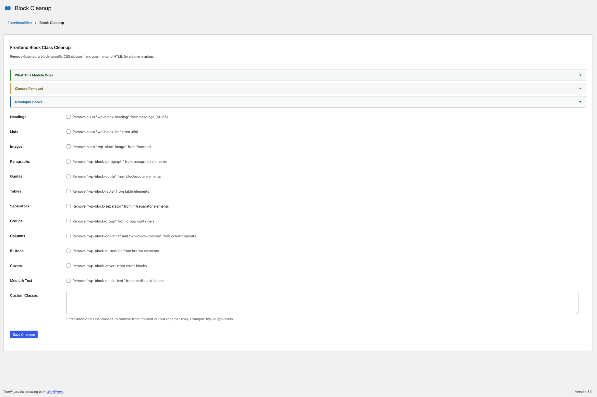 Block Cleanup Settings