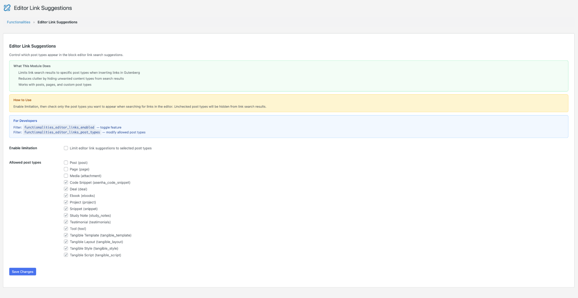 Functionalities Dashboard showing module cards